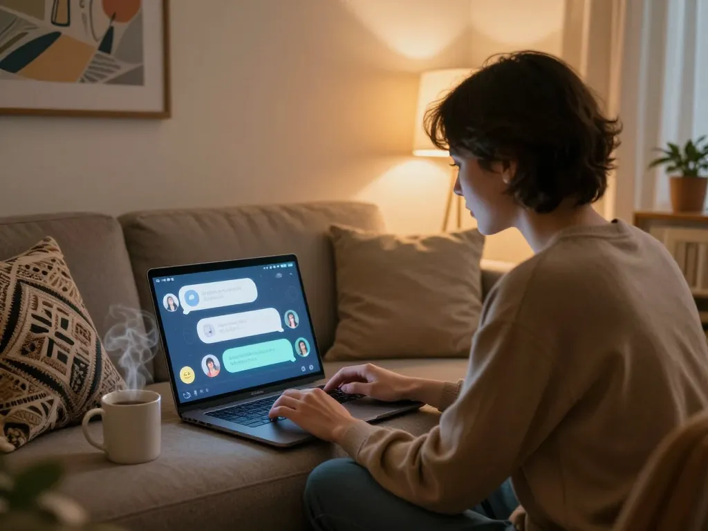Engaging user enjoying ai sex chat with friendly AI companion in a cozy setting.