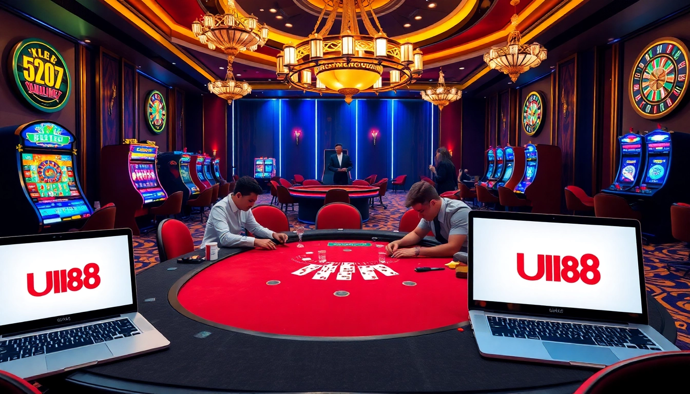 UU88 online gambling scene with poker and roulette, showcasing excitement and luxury.