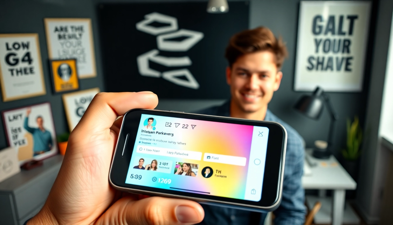 インスタ フォロワー購入 おすすめを見せるスマートフォンを持つ若い起業家の画像