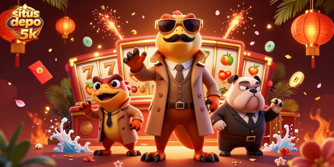 Engage with the excitement of situs depo 5k as raptors in disguise attempt to enter a VIP casino, surrounded by colorful slot elements.