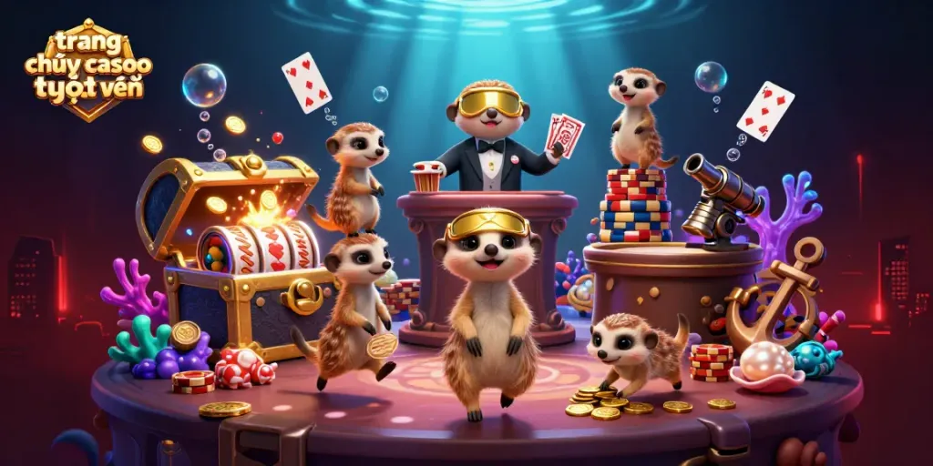 Trang chơi casino trực tuyến với những chú meerkats đang điều hành hoạt động cá cược sôi động, kết hợp hình ảnh lôi cuốn.