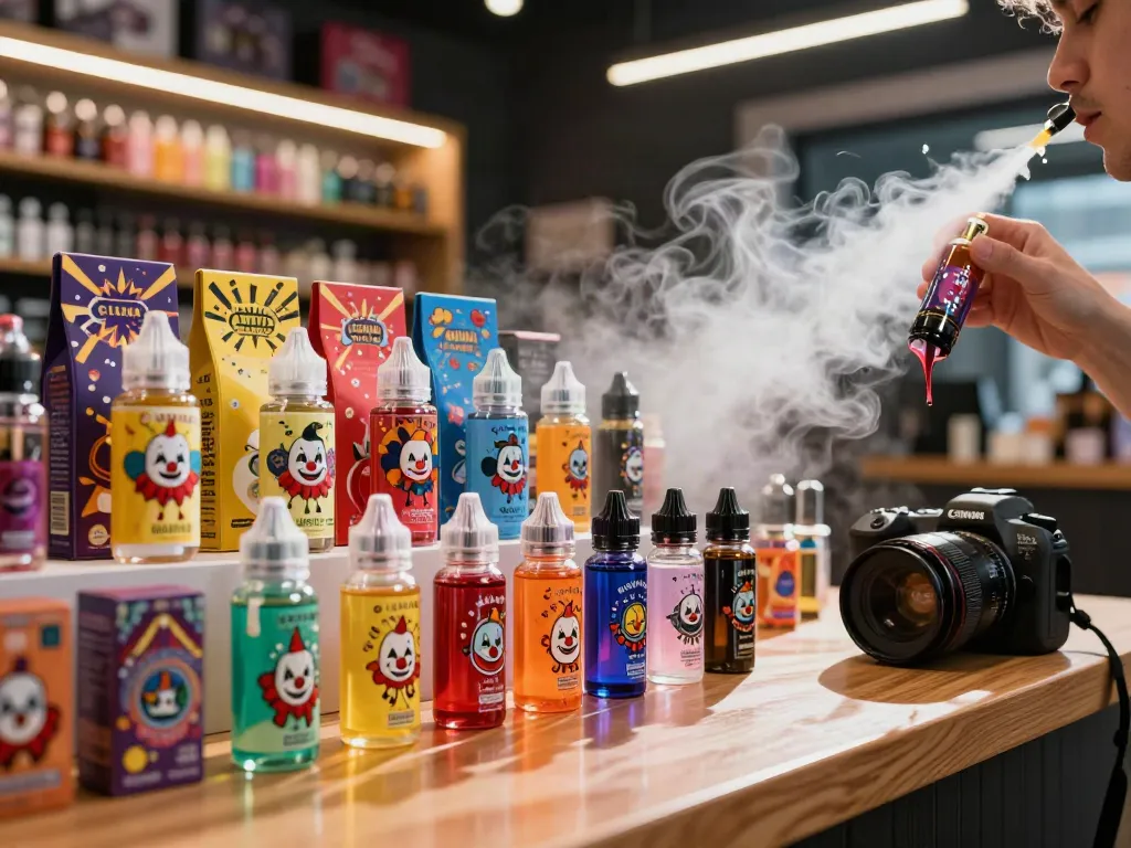Discover clown vape juice flavors in a colorful vape shop.
