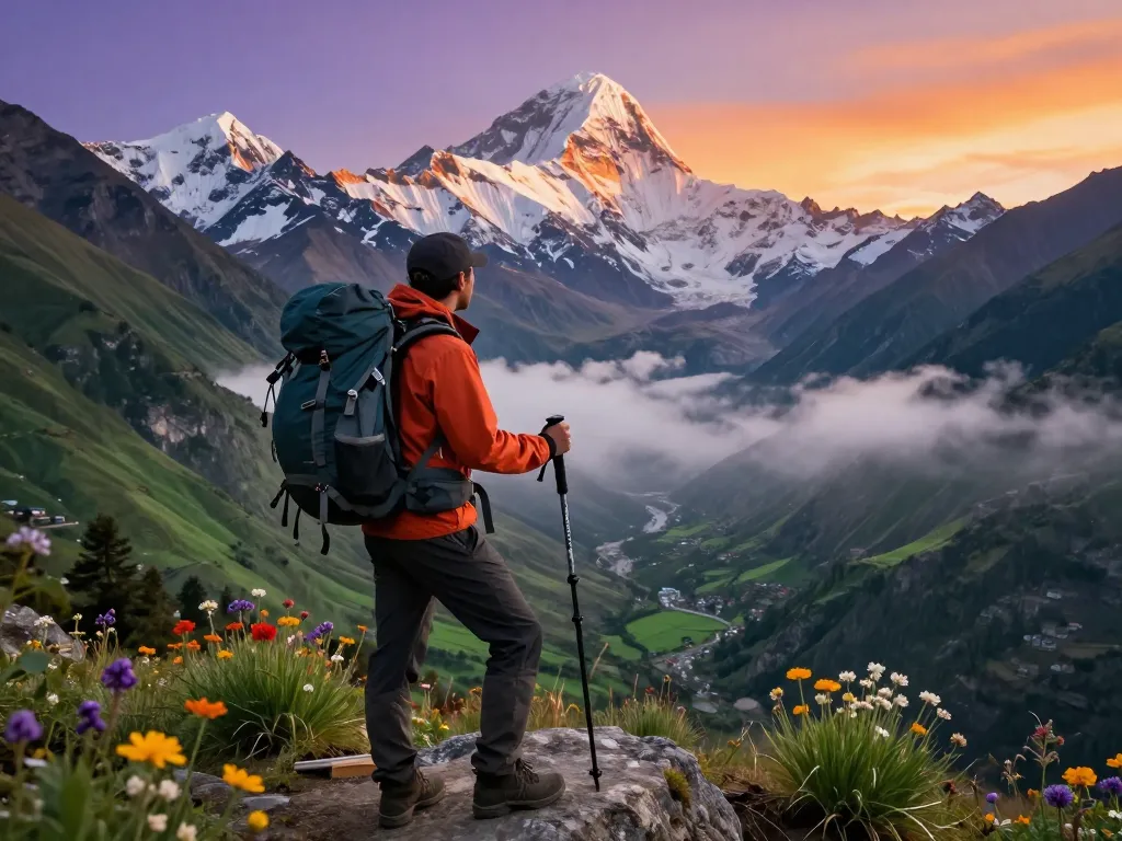 Annapurna Circuit Trek view with traveler at sunrise, showcasing stunning Himalayan scenery.
