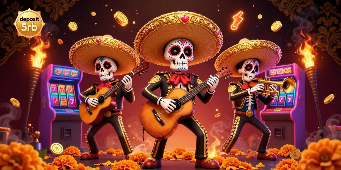 Experience the thrill of deposit 5rb with this vibrant 3D illustration of a Day of the Dead mariachi band amidst casino elements.
