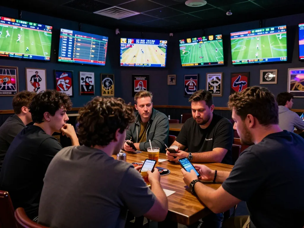 Engaging sports betting scene featuring players using mobile apps in lively social setting, highlighting siti scommesse stranieri.