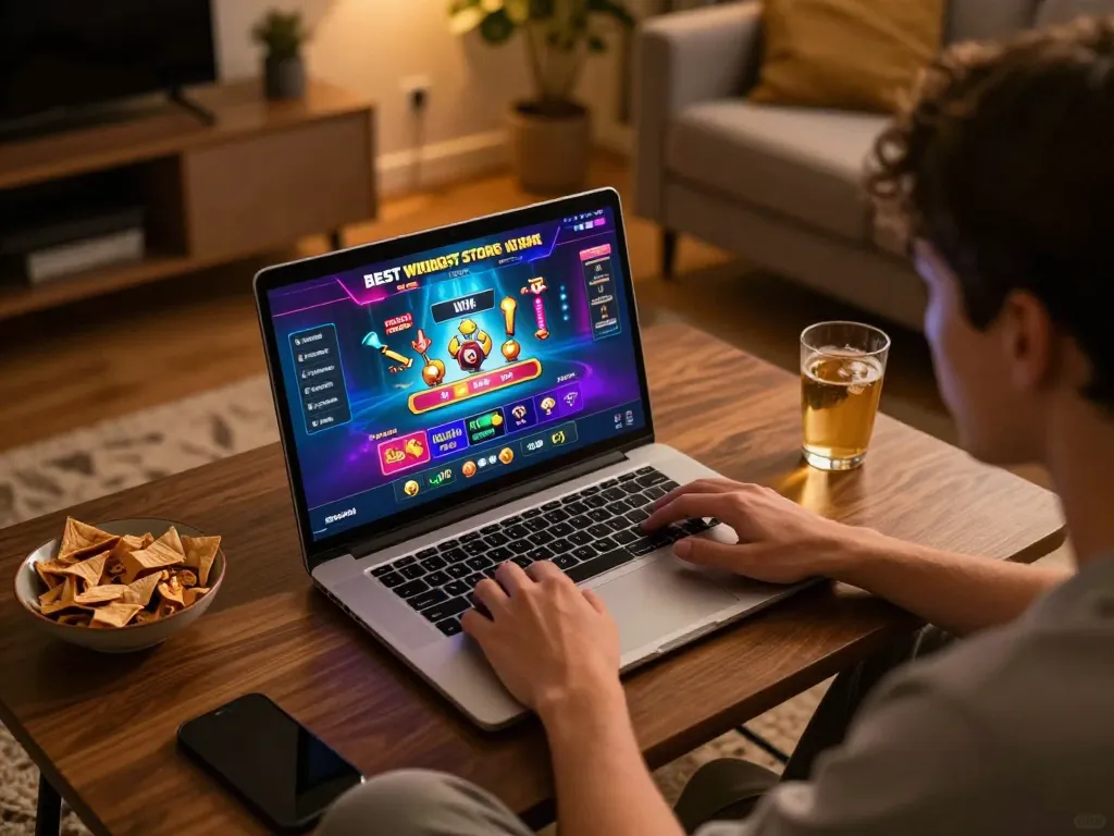 Player engaged with the best widget store while enjoying online casino gaming in a cozy living room.