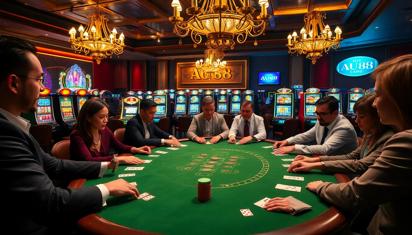 Players enjoying poker at an AU88 casino table, showcasing excitement and luxury.
