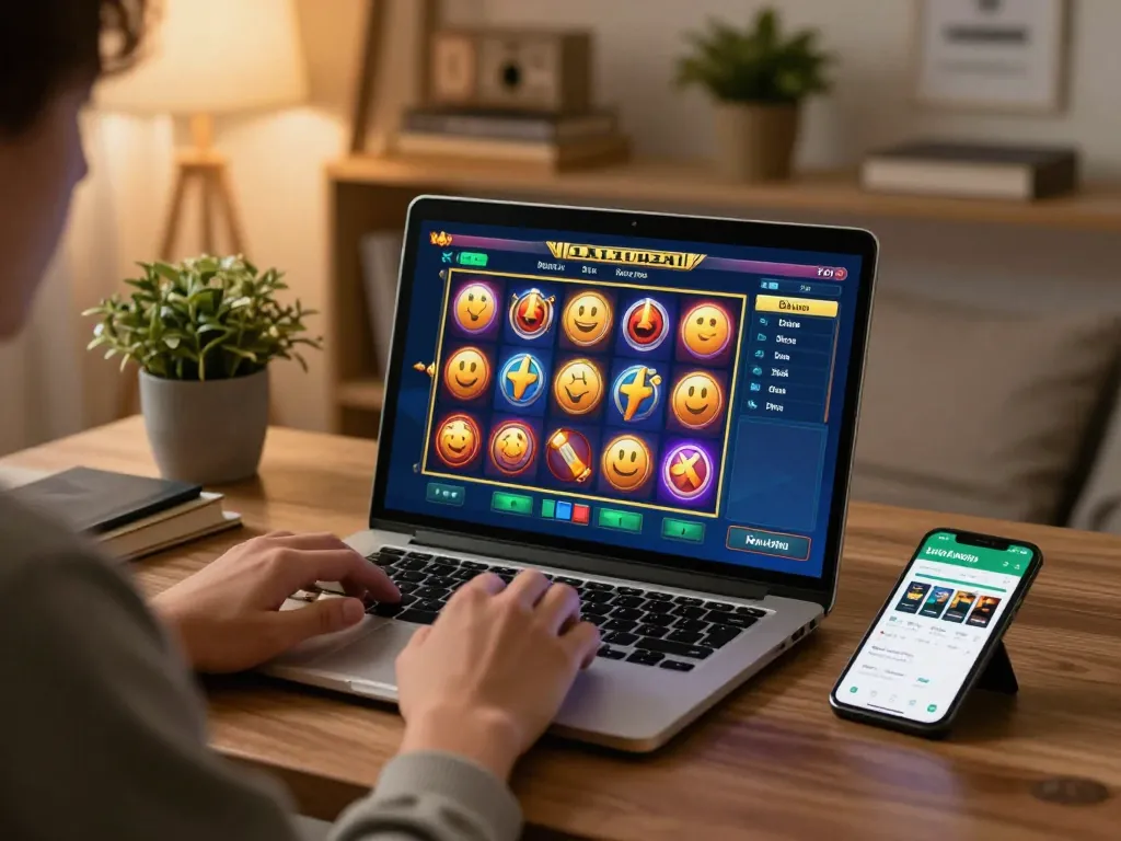 Engaging in thrilling slot gacor saat ini gameplay from home while using laptop and smartphone for betting.
