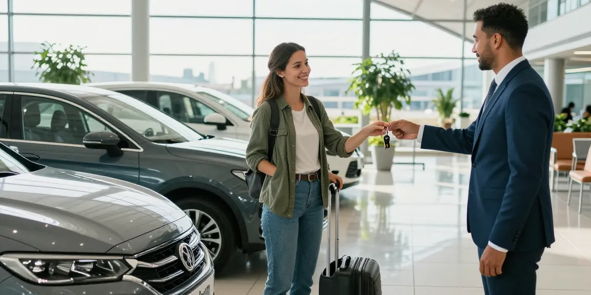 Rent a car Chisinau Airport service with a smiling traveler receiving keys from FlexRent employee.