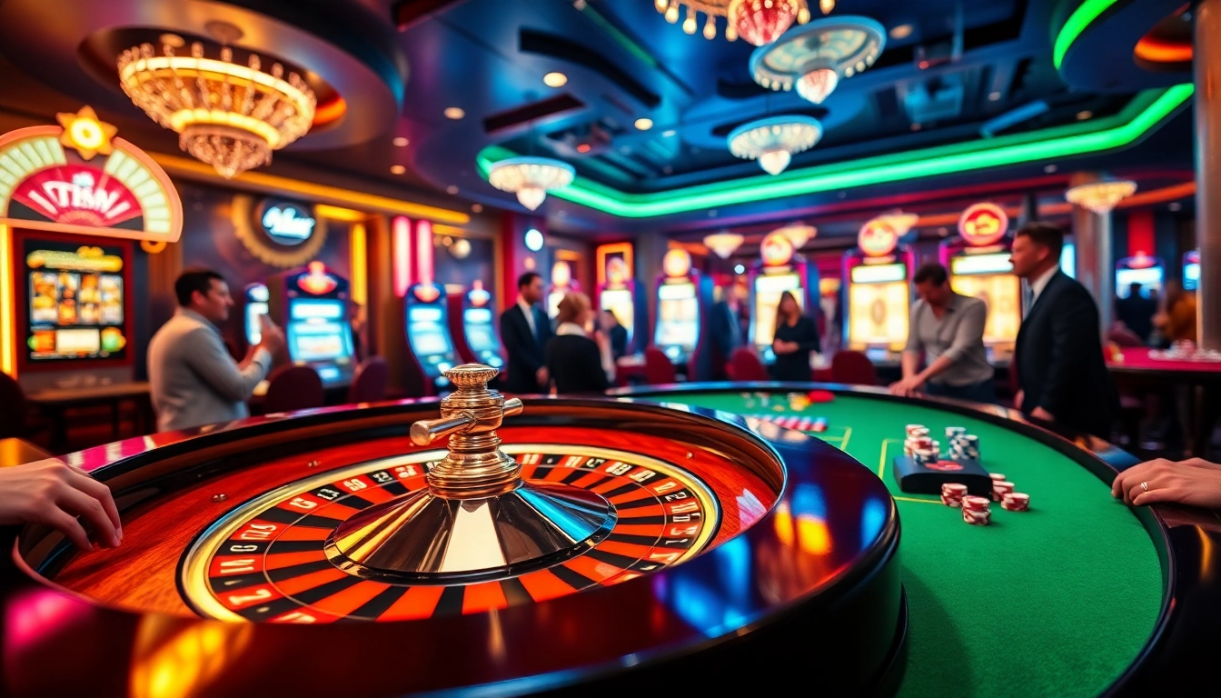 Placez des paris sur un site de casino en ligne, avec de la roulette, des jetons de poker vibrants et des joueurs excités.