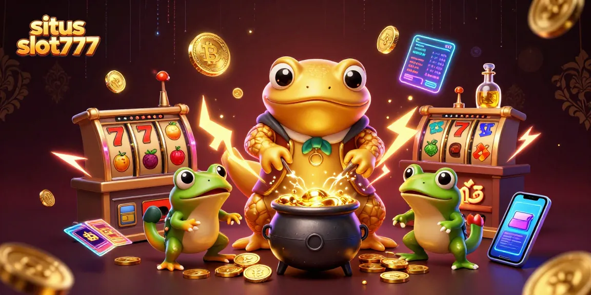Permainan situs slot777 yang menghadirkan slot reel dan simbol keberuntungan dalam ilustrasi 3D.