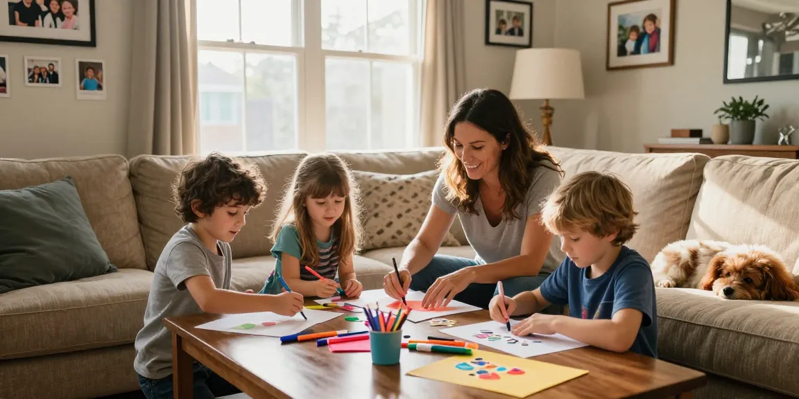 Engaging family moment at https://mymommyworld.com with kids' arts and crafts in a cozy living room