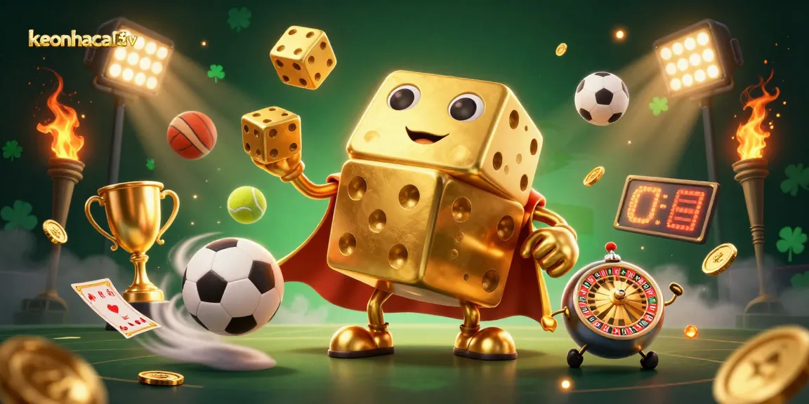 Engage with keonhacai5tv's dynamic sports betting scene featuring a golden dice golem and vibrant elements.