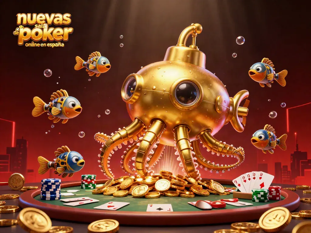 Ilustración de nuevas salas de póker online en España mostrando mesas de póker y un kraken dorado