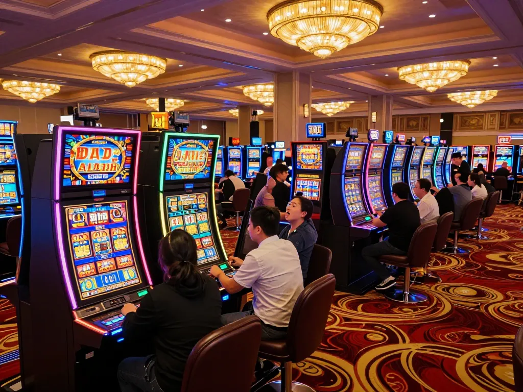 Players enjoying link slot machines celebrating a jackpot win on a colorful casino floor