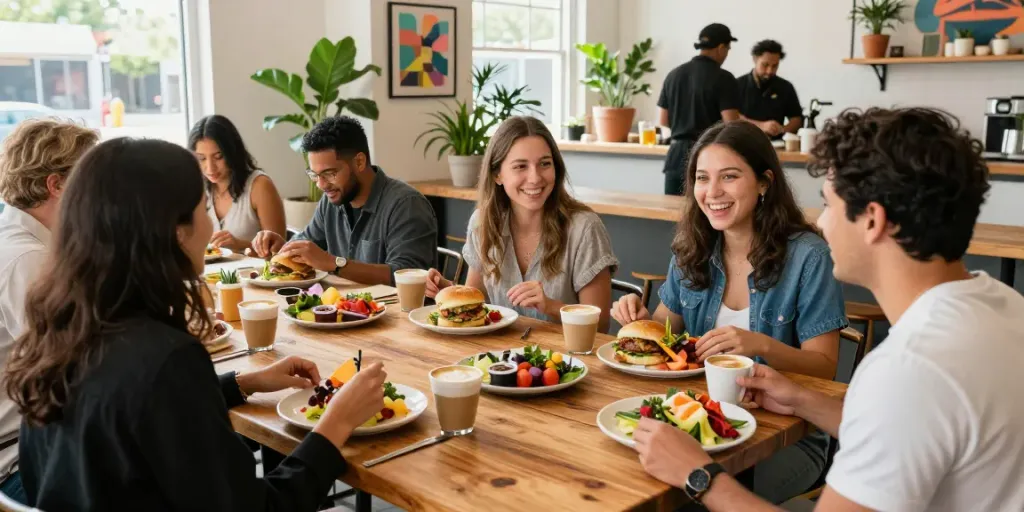 Enjoying the best brunch in Austin with friends at a lively café featuring NYC-inspired breakfast sandwiches.