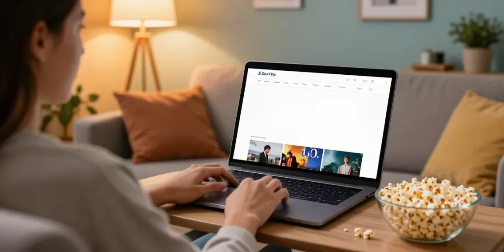 ZoeChip streaming movie on laptop in a cozy living room