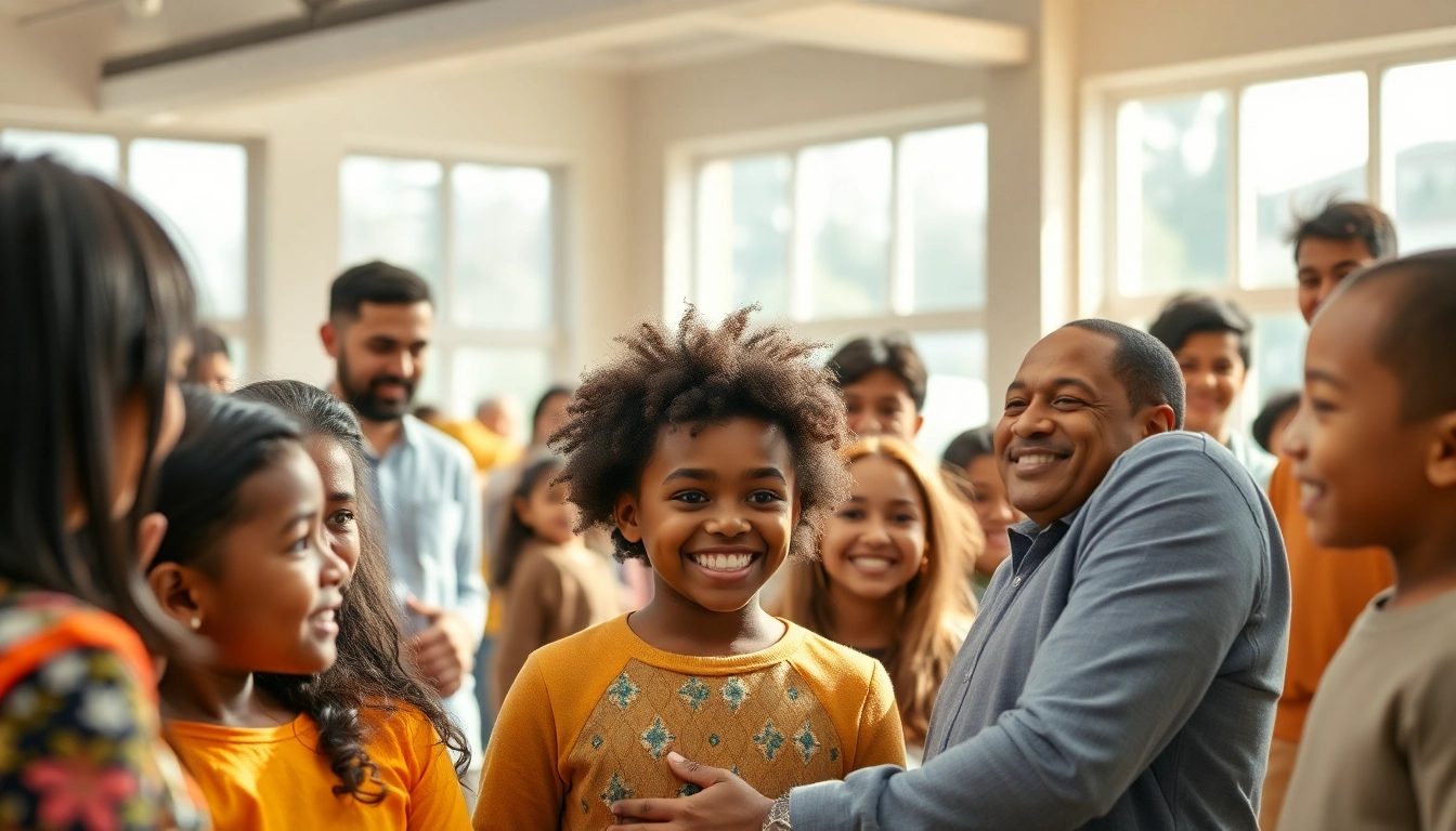 Philanthropist engaging with community members in an inviting center.