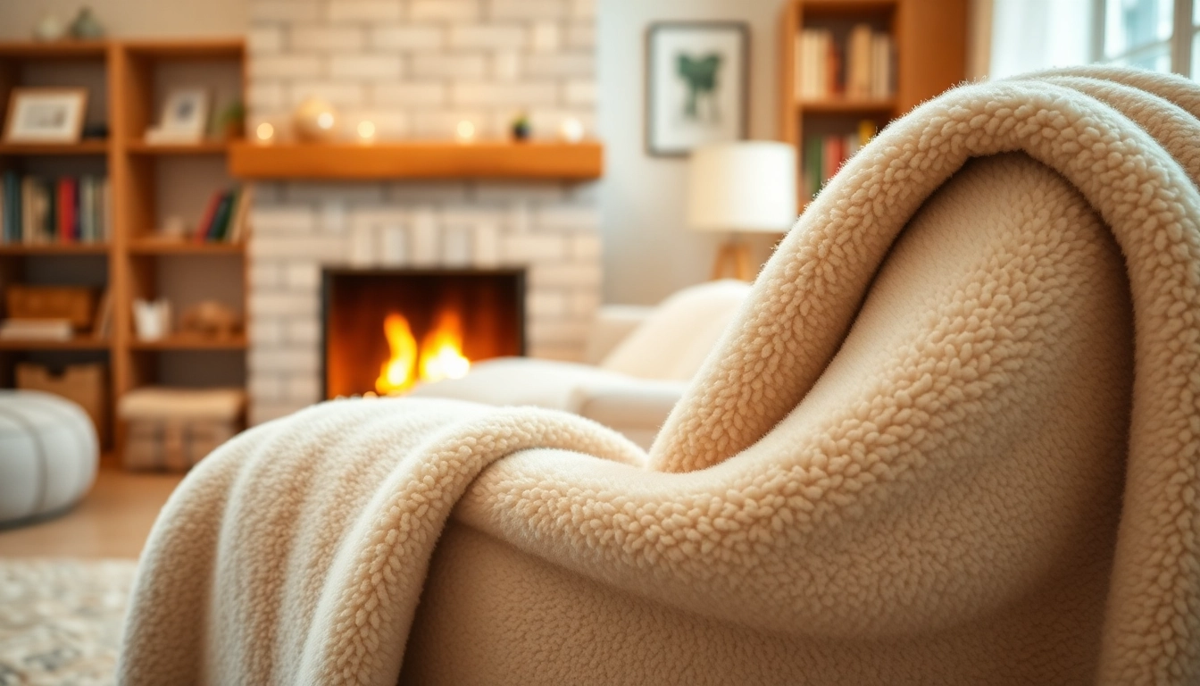Fleece stof prachtig draped over chair in warm living room setting, illustrating comfort.
