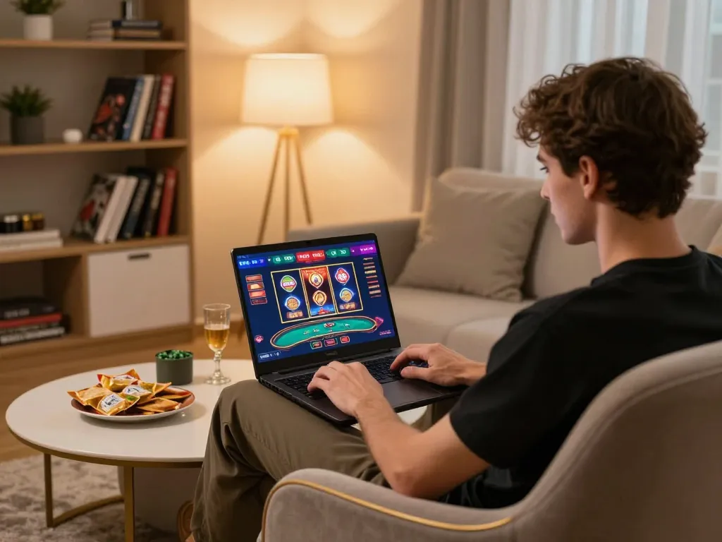 Engaging scene of a player enjoying casino online esteri on a laptop in a cozy home setting.
