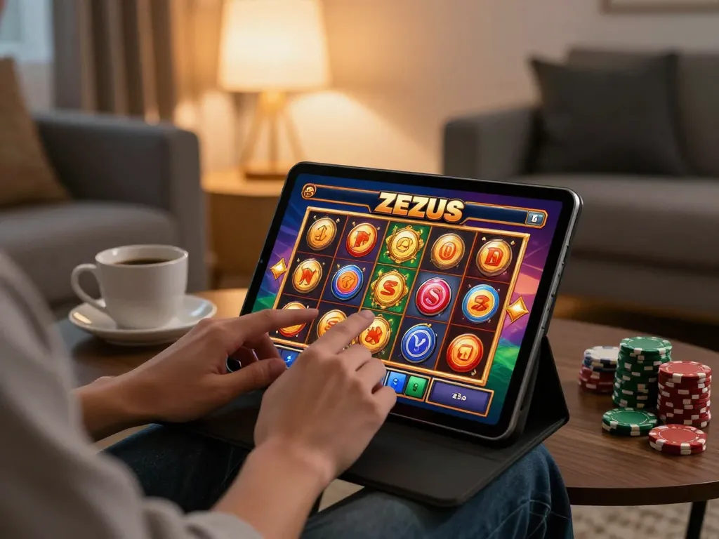 Permainan yang menarik di mesin slot Zeus di tablet dalam suasana rumah yang nyaman.