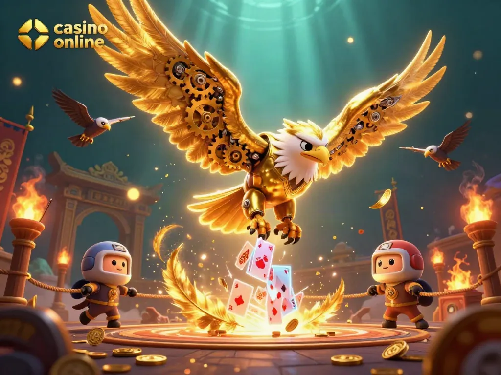 Ilustra cómo jugar en un casino online con un águila dorada y tarjetas holográficas.