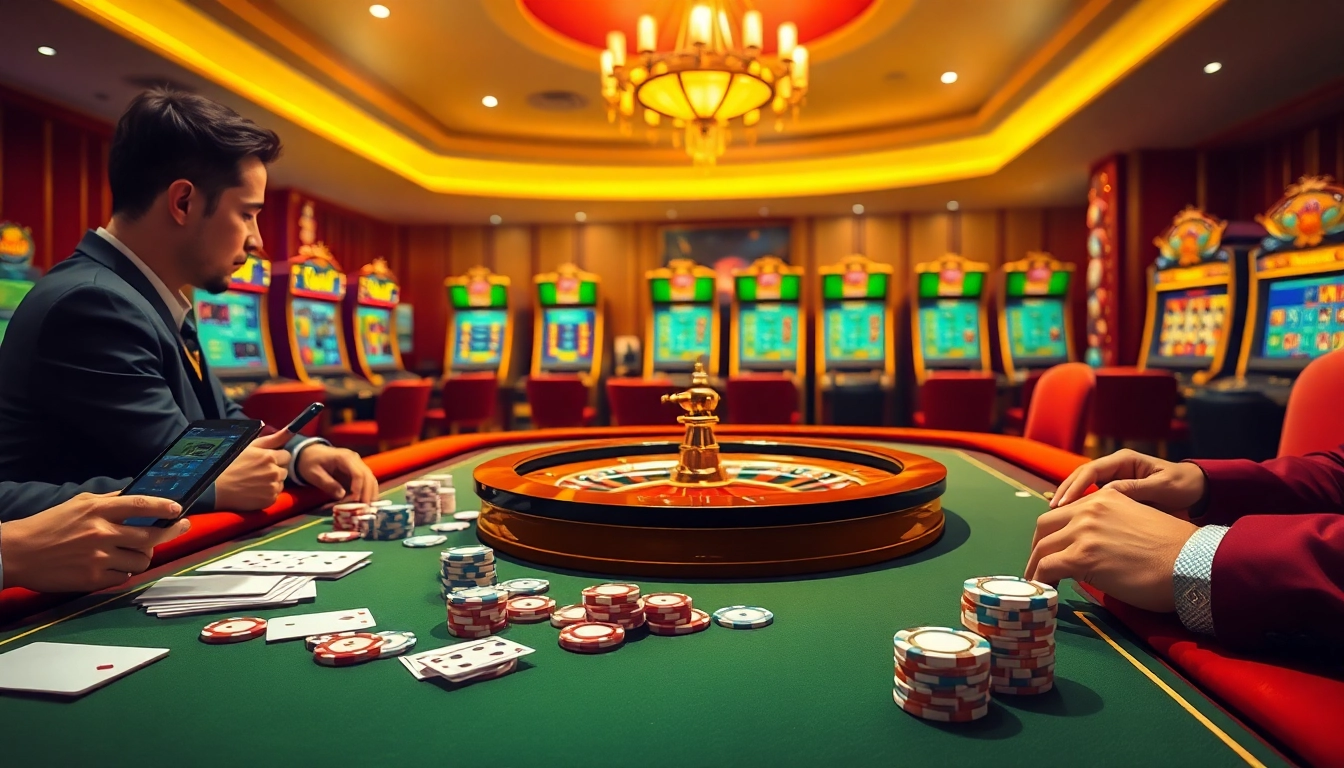 Une scène palpitante de site de casino en ligne avec des jetons de poker et une roulette dans un casino luxueux.
