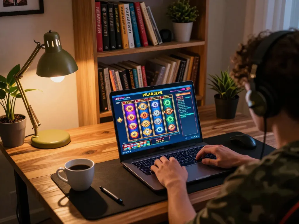 PILARJEPE slot thailand pengaturan permainan dengan seorang pemain yang terlibat di laptop, gulungan slot berwarna-warni ditampilkan, suasana yang mengundang.