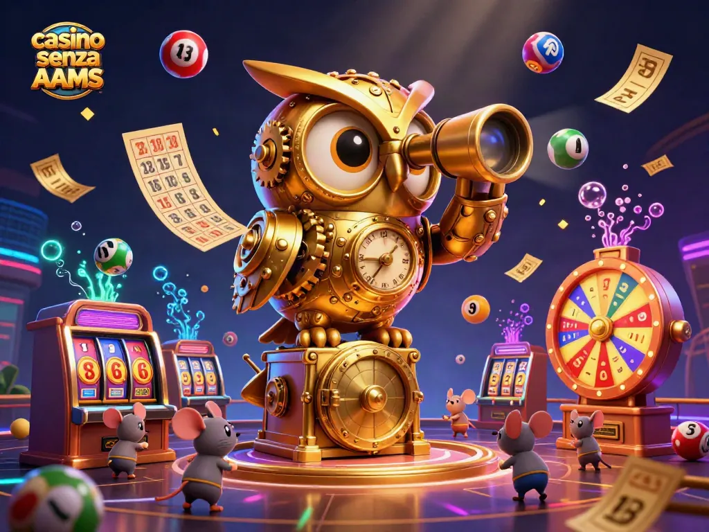 Crea momenti unici nei casino senza AAMS con un gufo d'oro che osserva il pavimento del casinò pieno di giochi e colori vivaci.