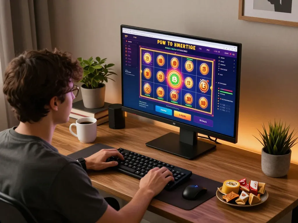 Engaging online gaming scene on a comfortable desk with slot games showcasing situs toto