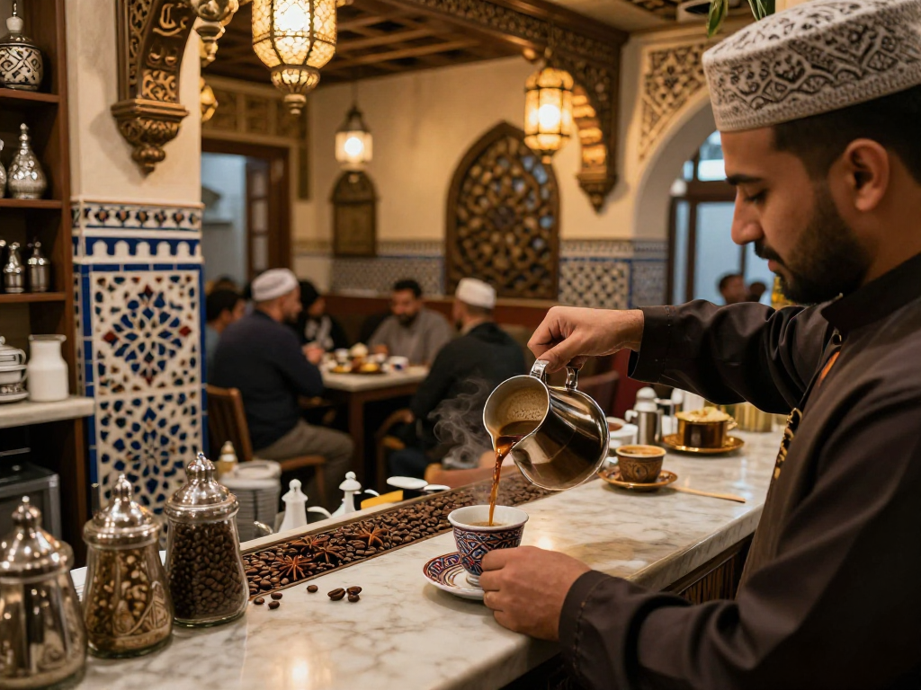 قهوجيين وصبابين في مقهى عربي أصيل يرحب بالضيوف.