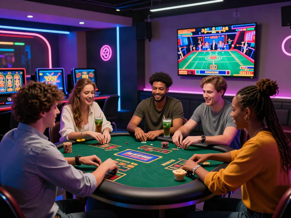 Group of friends enjoying casino online games with vibrant atmosphere and interactive screens.