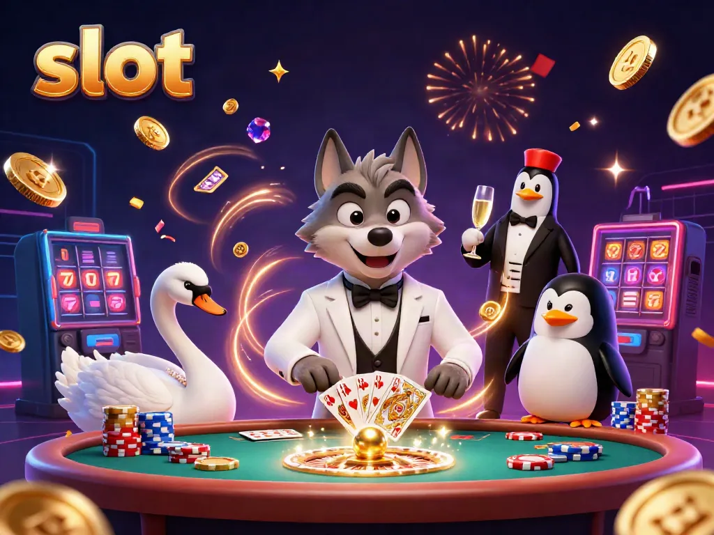 Slot Gacor: Ilustrasi menarik permainan slot dengan karakter kartun di kasino.