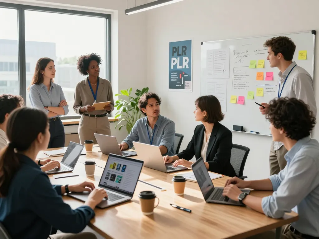 Purchase PLR Content with a diverse team brainstorming in a dynamic office space.