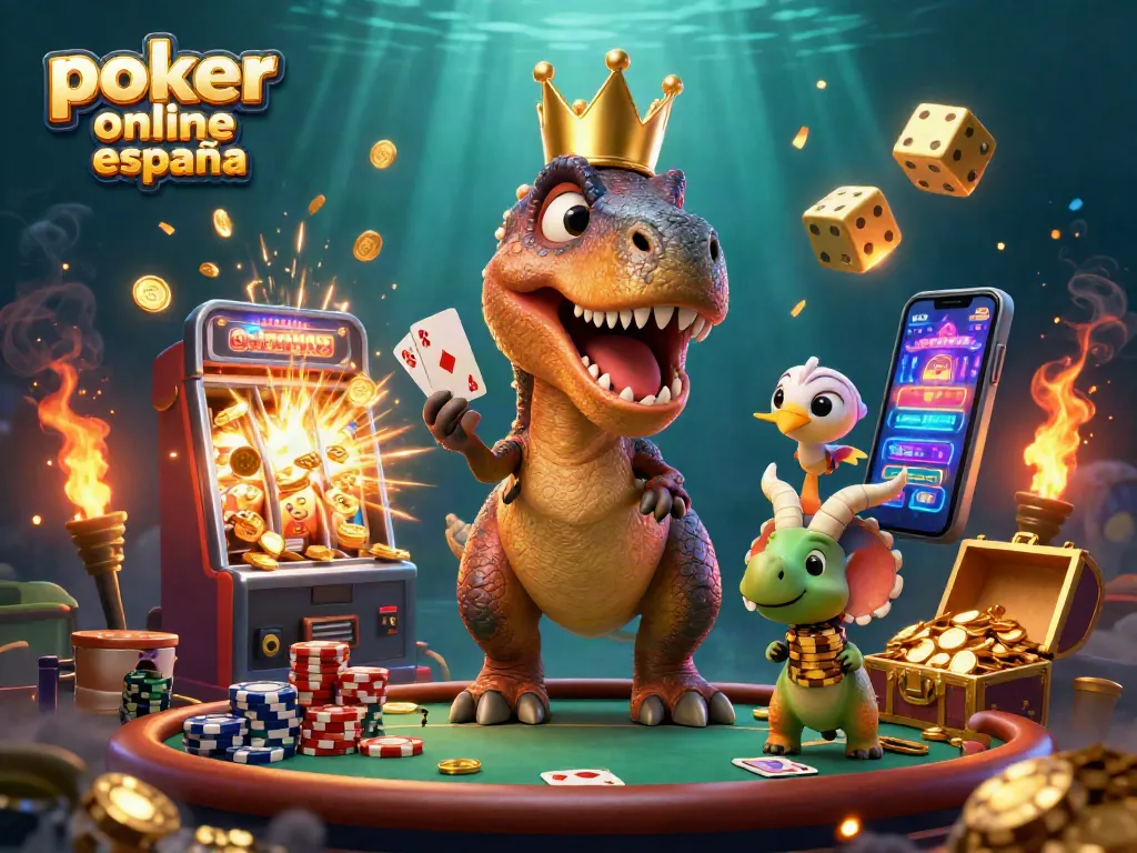 Juego dinámico de póker online en España con un T-Rex, triceratops y elementos de casino.