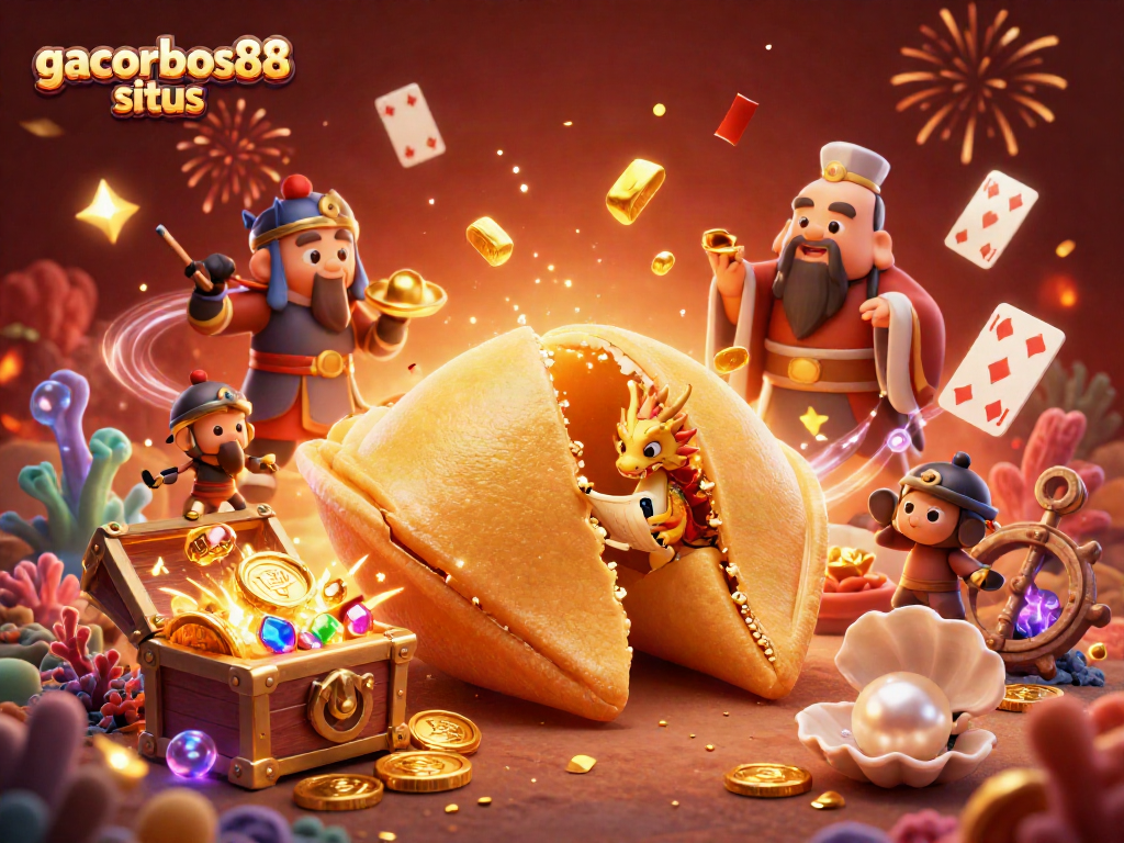 Engage with gacorbos88 situs featuring a giant fortune cookie and vibrant casino elements, creating an exciting gaming atmosphere.