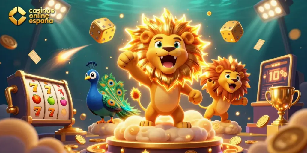 Juega en casinos online España con esta vibrante ilustración 3D de león, dados y símbolos de juego.