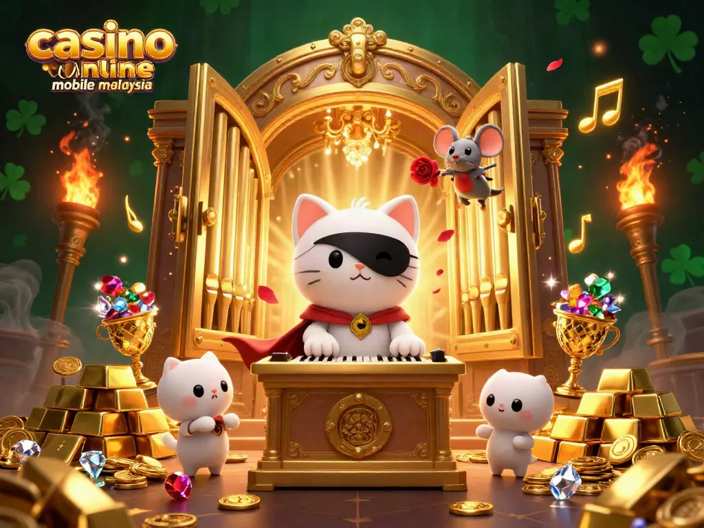 Engage with the captivating spirit of casino online mobile malaysia through a whimsical 3D scene of a white cat at a pipe organ.