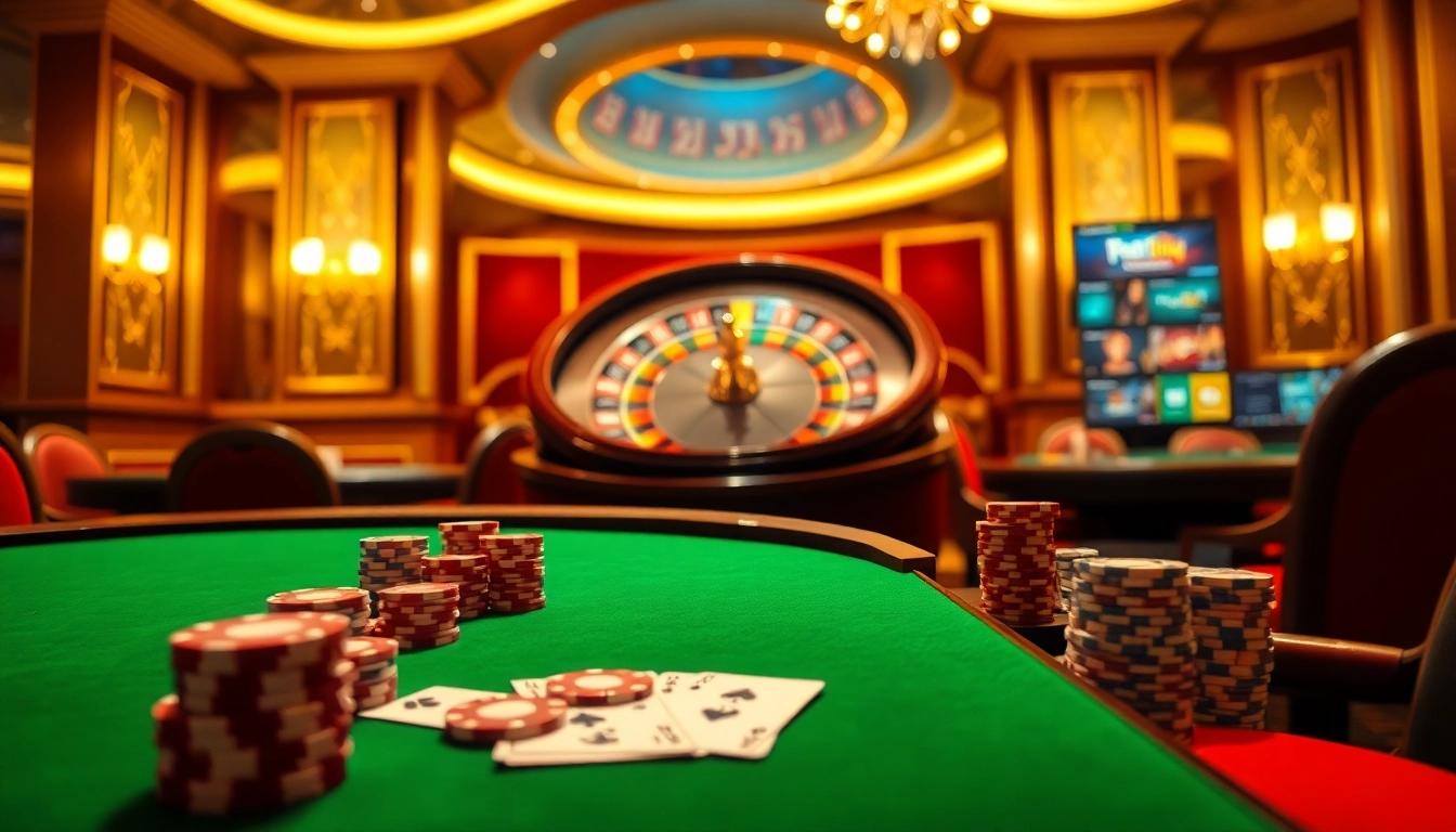 Engagez-vous avec les meilleurs jeux sur le site de casino en ligne, mettant en avant des jetons de poker et une roue de roulette.