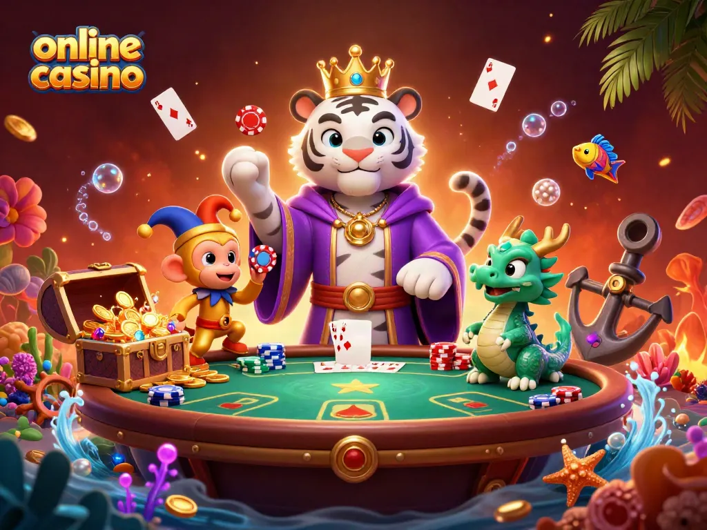Explora el emocionante mundo de online casino con un tigre, mono y dragón en una escena llena de acción y juego.