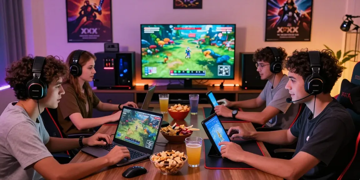 Gamers enjoying popular xxx games in a vibrant gaming room setting, showcasing diverse devices and lively atmosphere.