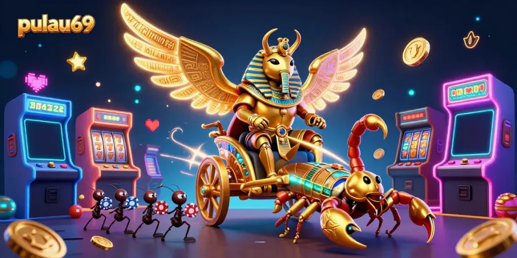 Experience the pulau69 thrill with a colossal golden scarab beetle alongside jewel-encrusted scorpions in a vibrant casino setup.