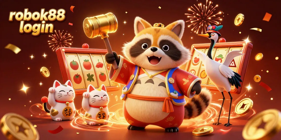 Play and win with rokok88 login in this vibrant 3D casino illustration featuring lucky characters and festive elements.