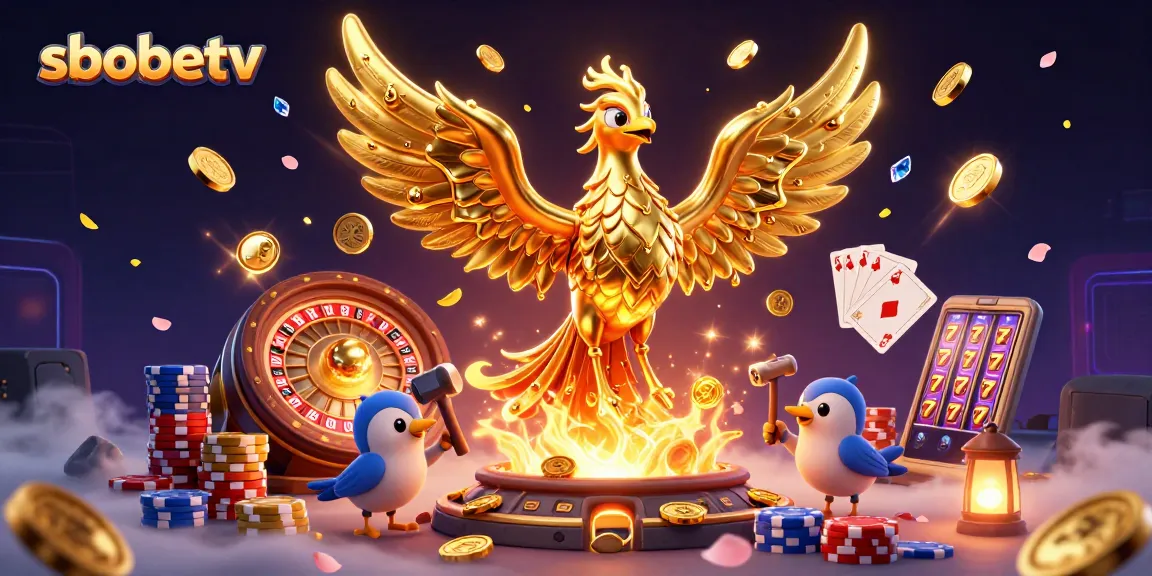 Experience exciting casino action with sbobetv, featuring a golden phoenix, dynamic coins, and lively gaming elements.