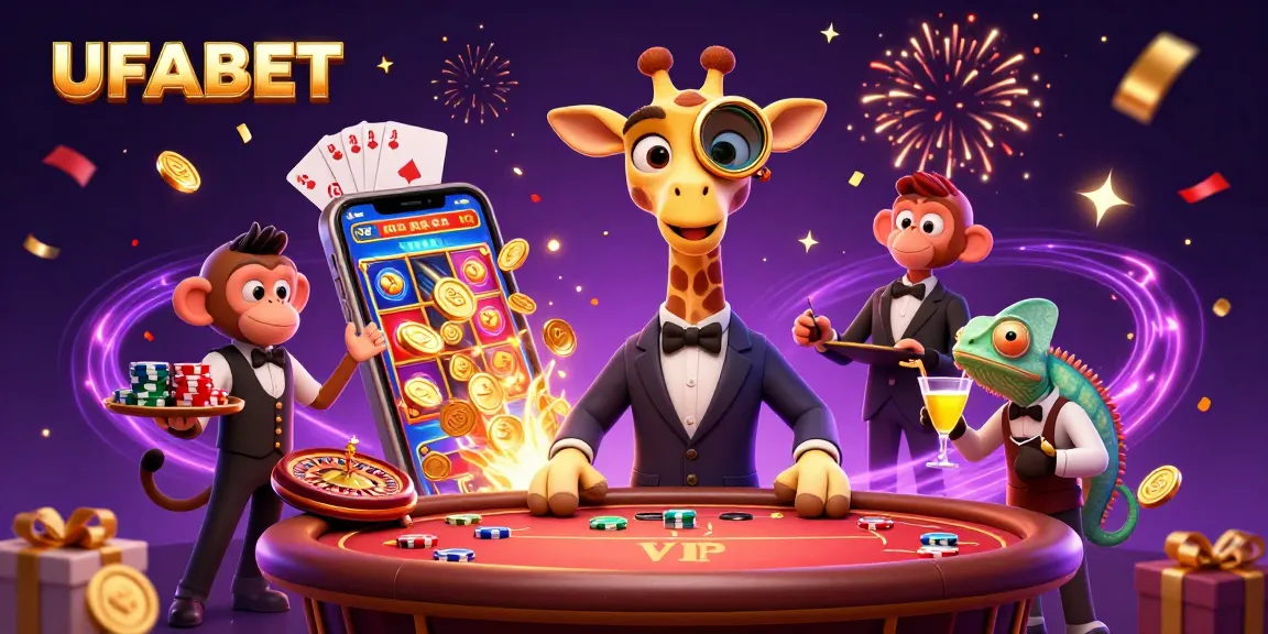 Experience UFABET's casino thrill with a high-roller giraffe and vibrant gaming elements.