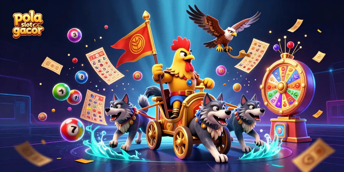Pola slot gacor illustrated with colorful casino elements, showcasing a rooster warlord in a vibrant scene.