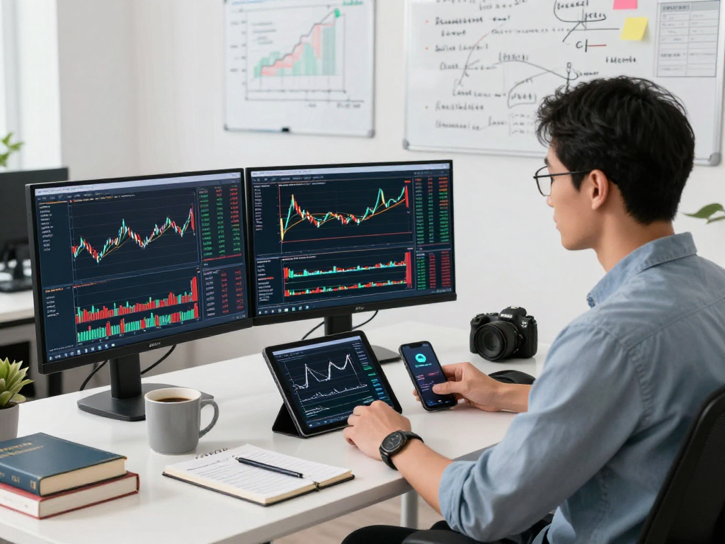 在TradingView官网上，交易者在现代办公环境中专注于多个市场图表和实时分析。