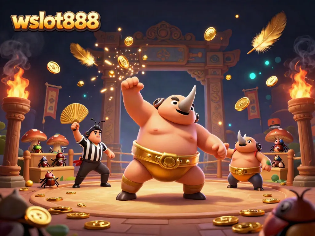Permainan wslot888 menampilkan kejuaraan samurai kumbang rinoceros dengan koin emas melayang di arena bertarung.