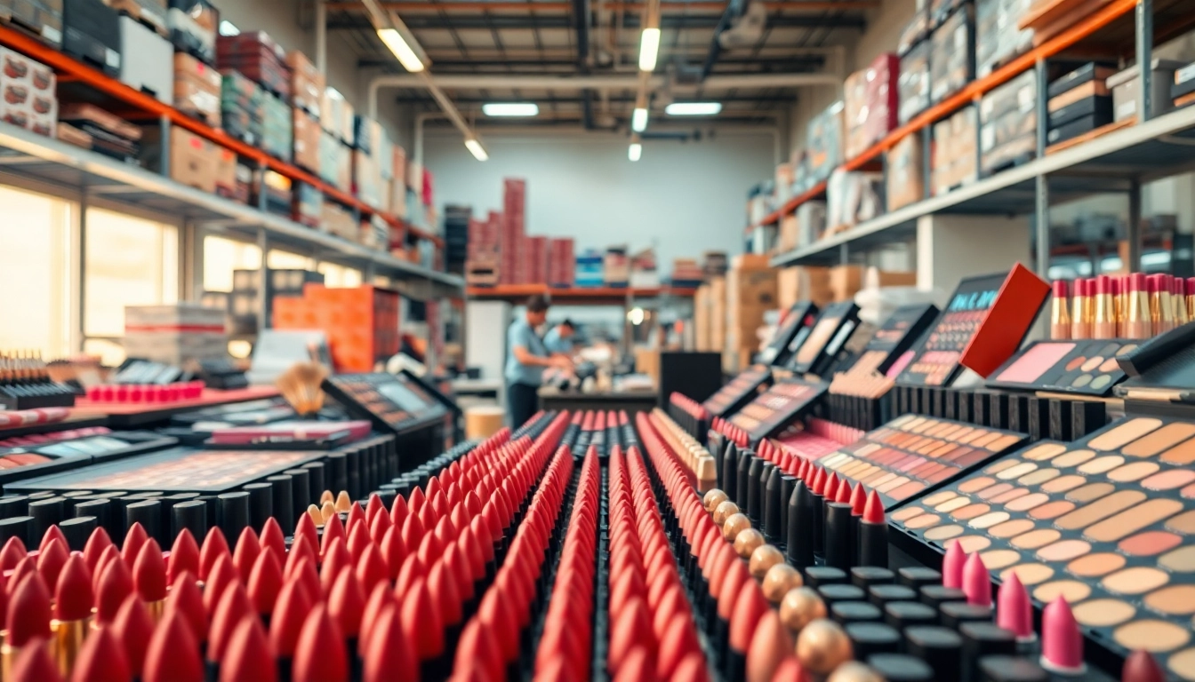 Wholesale makeup suppliers featuring an organized warehouse of diverse cosmetics ready for shipment.