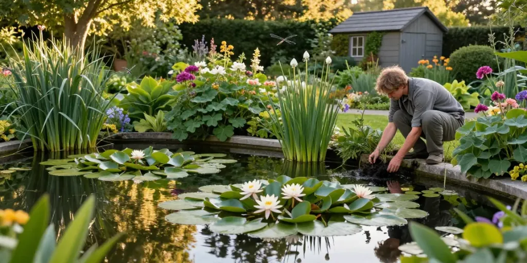 British Pond Plants thriving in a tranquil garden pond with a gardener planting water hawthorn.